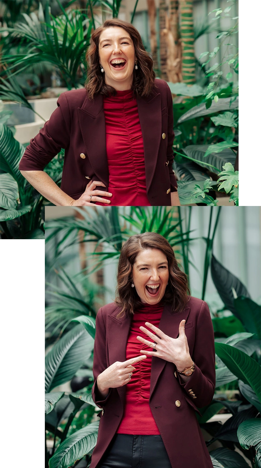 Two photos of Pippa, The first she is standing, hand on hip and casually laughing, the second she is excitedly pointing at her engagement ring